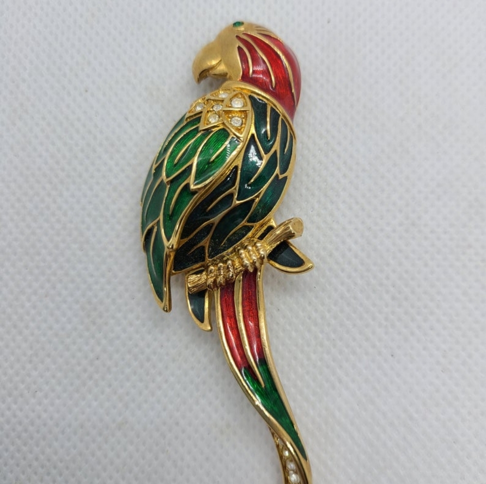 SAL Swarovski Rhinestone Enamel Parrot Bird Figural Brooch Pin Red Blue Green